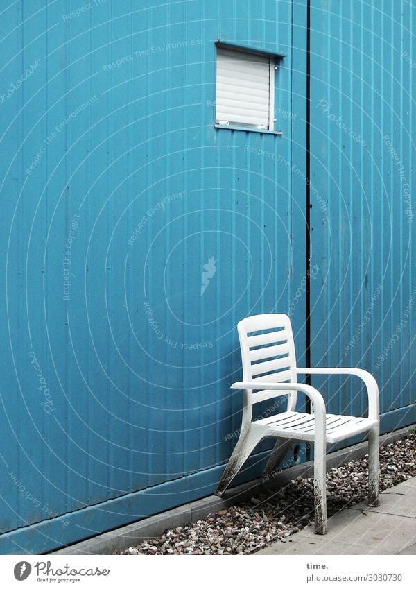 backyard break Chair Wall (barrier) Wall (building) Window Tile Gravel Stand Blue White Loneliness Exhaustion Apocalyptic sentiment Relaxation Expectation