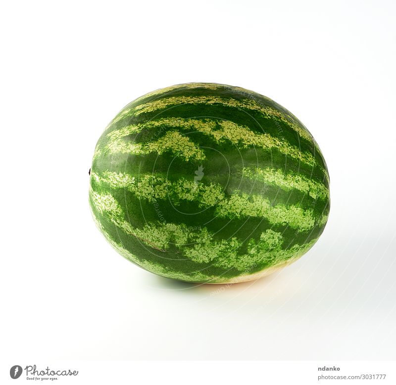 big green striped whole watermelon on a white background Fruit Dessert Nutrition Eating Vegetarian diet Summer Nature Fresh Large Juicy Green Red White