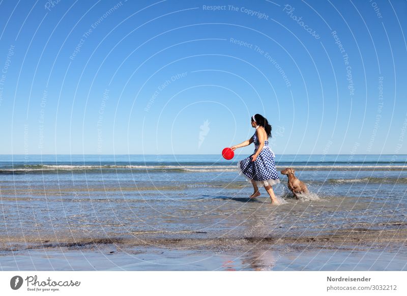 Playing on the beach Lifestyle Vacation & Travel Summer vacation Beach Ocean Human being Feminine Woman Adults Water Cloudless sky Beautiful weather Waves