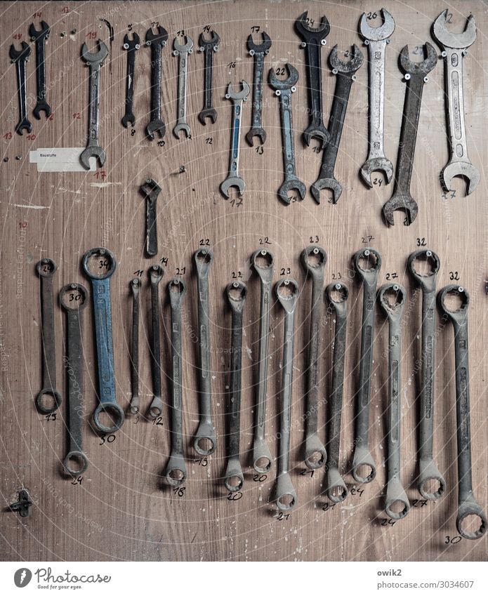 Timur and his troops Workplace Tool Collection Workshop Screw wrench Difference Metal Digits and numbers Hang Old Together Glittering Many Integrity Orderliness
