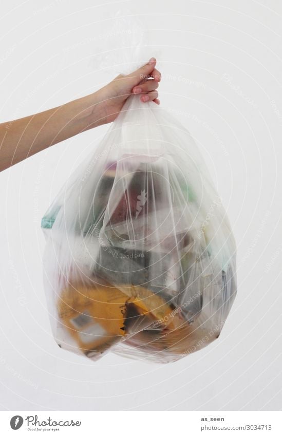throwaway society Arm Hand Fingers Environment Climate Climate change Packaging Plastic packaging Sack Oil Trash container To hold on Authentic Yellow Gray