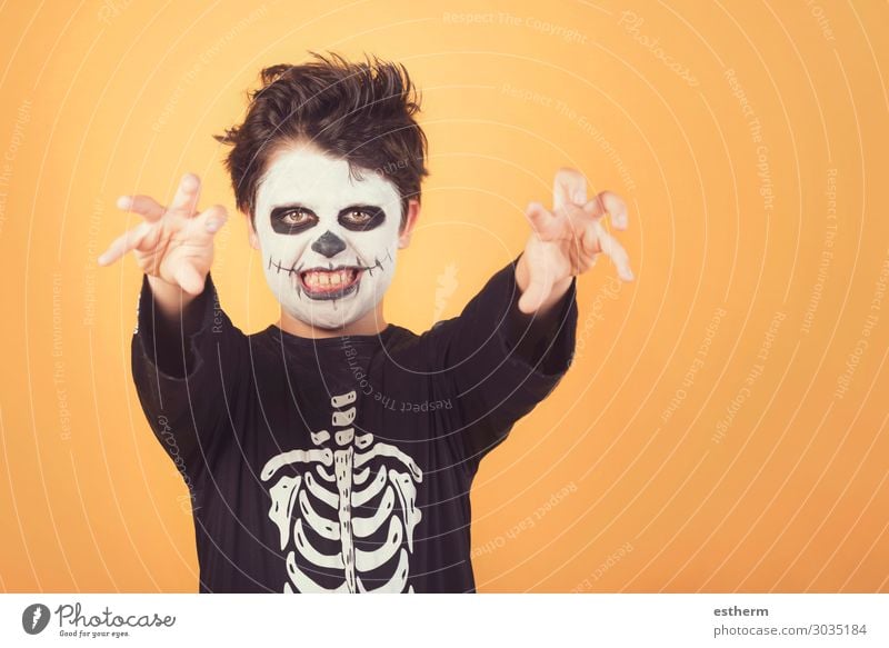 Happy Halloween. funny child in a skeleton costume of halloween Joy Medical treatment Feasts & Celebrations Carnival Hallowe'en Human being Masculine Child