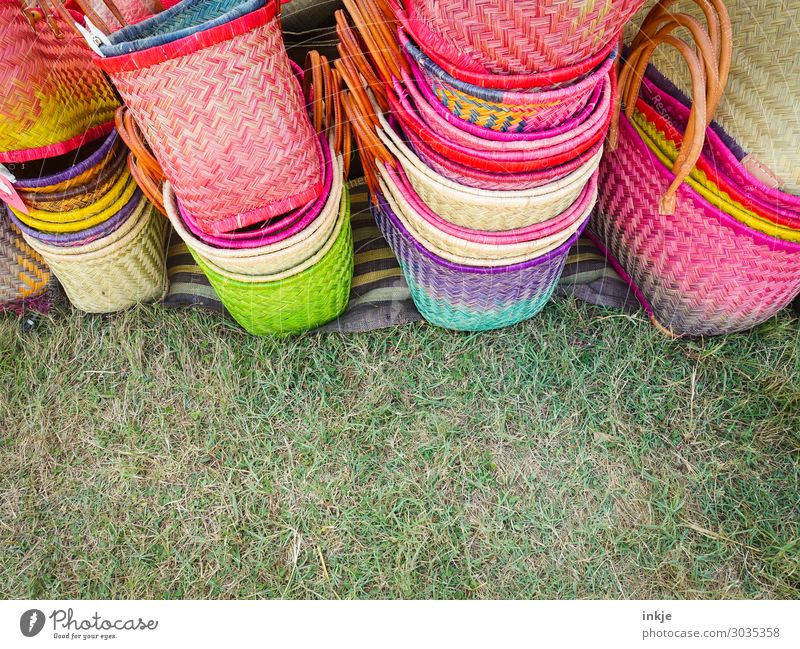 corsiche baskets Shopping Spring Grass Meadow Basket Bast Straw Many Green Pink Trade Market day Markets Market stall Stack Together Offer Plaited Handcrafts