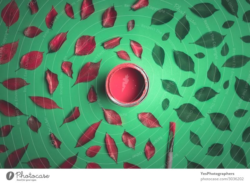 Leaves painted in red on a green background. Design Happy Art Nature Plant Autumn Leaf Hip & trendy Modern Green Red Colour Idea Creativity Surrealism