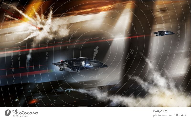 Spaceships race through a futuristic scene. Abstract science fiction illustration. Spacecraft Flying Science Fiction Technology Advancement Future High-tech