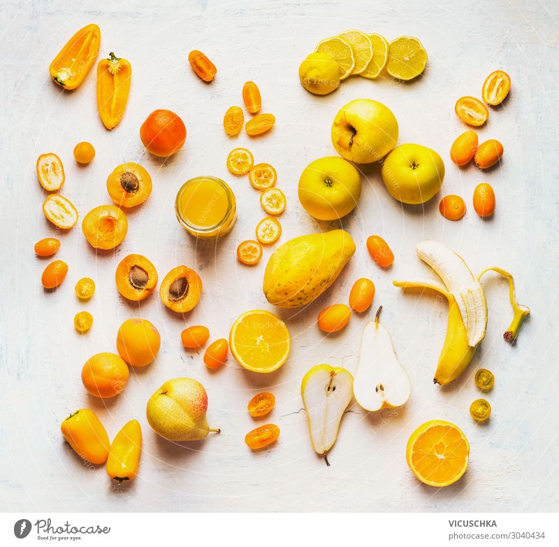 Yellow and orange fruit and vegetables Food Vegetable Fruit Nutrition Shopping Style Design Healthy Eating Hip & trendy Background picture flat lay Vitamin