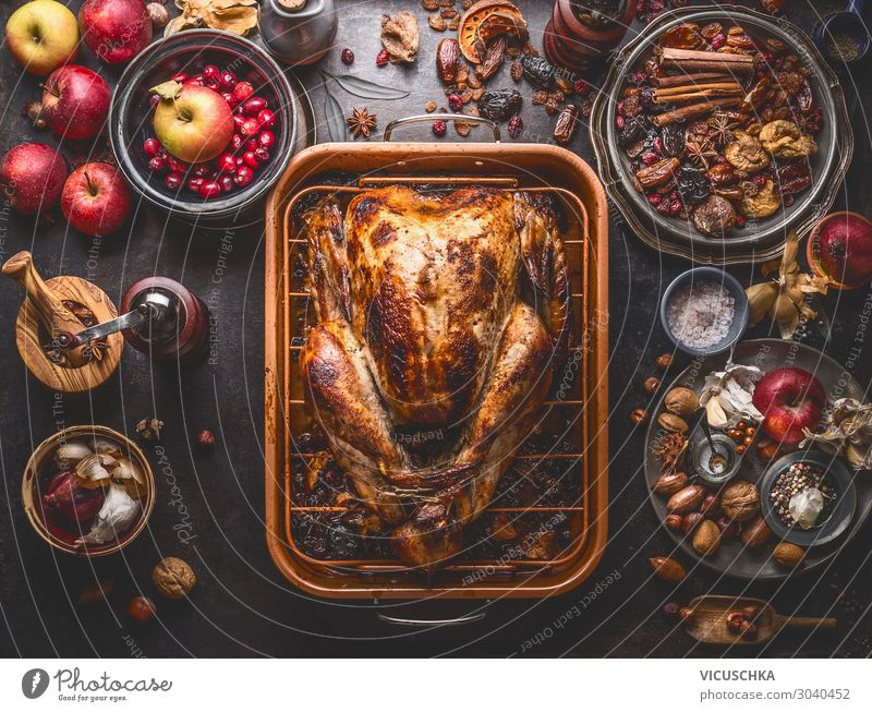 Whole roasted turkey in a baking tray Food Meat Vegetable Fruit Nutrition Banquet Crockery Style Design Living or residing Party Restaurant