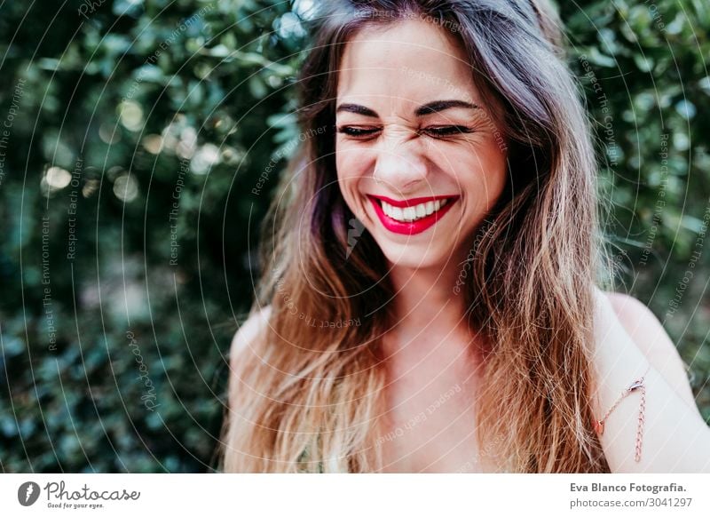 portrait of beautiful blonde woman smiling at sunset. Red lips Lifestyle Joy Happy Beautiful Skin Face Make-up Wellness Leisure and hobbies Summer Feminine