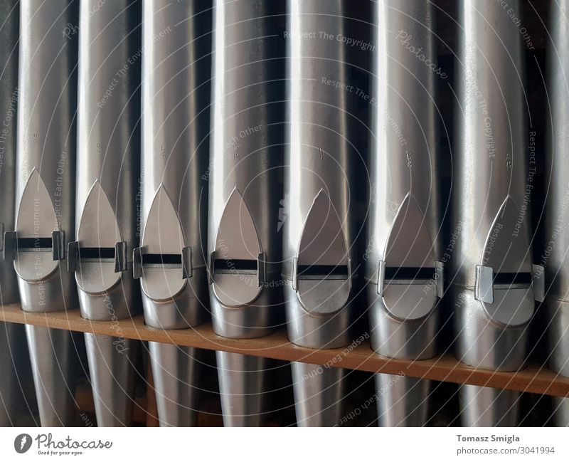 Pipe organ frontal shot, row of shiny pipes, pattern background Beautiful Playing Music Group Choir Church Tube Metal Steel Old Glittering Historic Natural