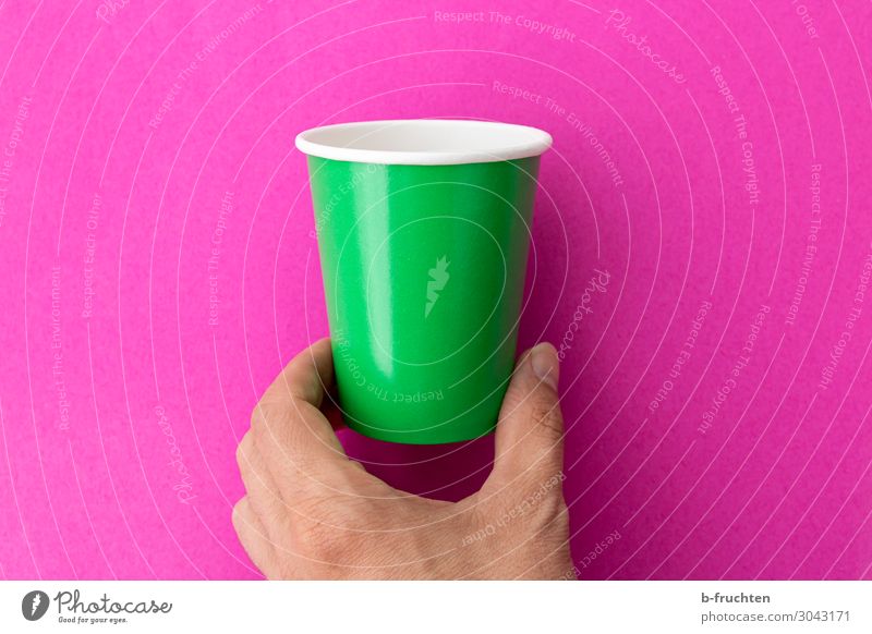 Hand with empty cup Beverage Drinking Cup Mug Fingers Packaging Sign Select Utilize Touch Movement To hold on Green Pink Empty drinking cup Recycling Individual