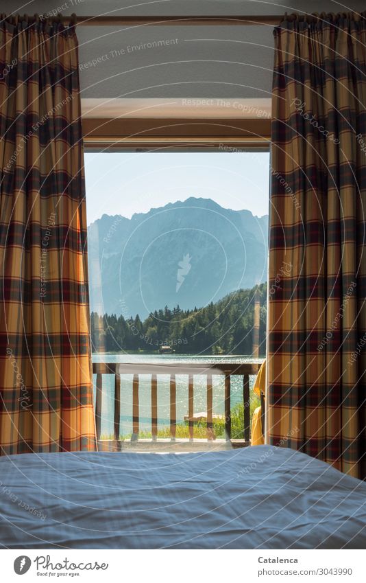 Room with a view Landscape Water Sky Summer Forest Mountain Lakeside Balcony Window Drape Duvet Bed Authentic Exceptional Cuddly Near Wet Blue Gray Green Orange