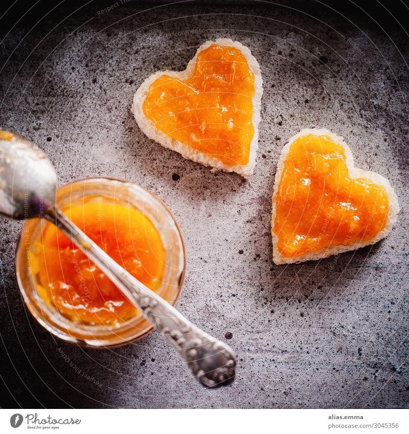 Apricot jam Fruit Bread Jam Nutrition Eating Breakfast Healthy Eating Heart Love Delicious Sweet Orange Heart-shaped Toast Rustic Cooking Dish Food photograph