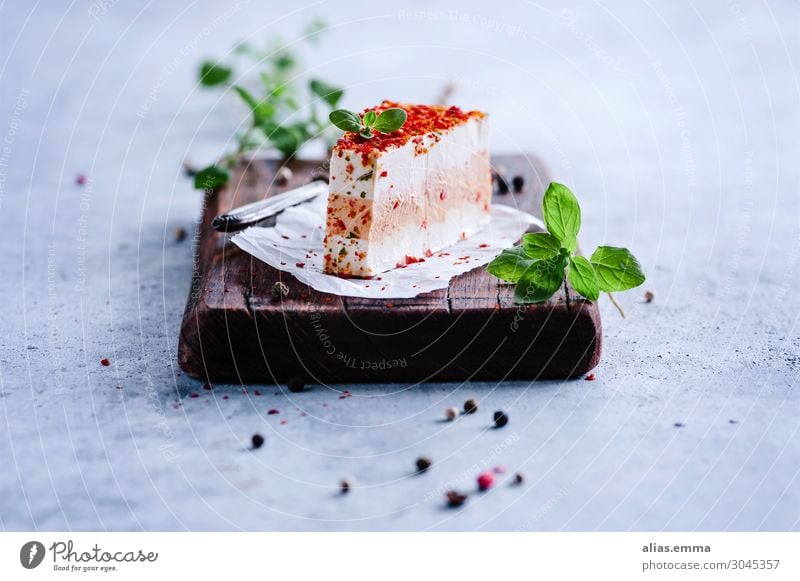 Fresh cheese with fresh herbs on a wooden board Cheese Cream cheese Food Healthy Eating Dish Food photograph Dairy Products Herbs and spices Rustic Thyme Chili