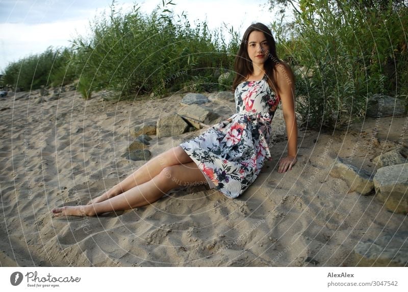 Young woman sitting on the beach Lifestyle Joy Beautiful Well-being Youth (Young adults) Legs 18 - 30 years Adults Landscape Summer Beautiful weather Bushes