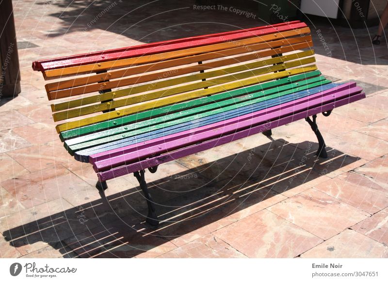 rainbow bank Valencia Spain Town Bench Homosexual Pride Rainbow Dye Colour photo Exterior shot Day