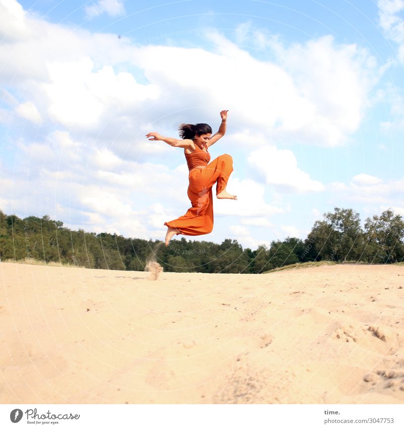 Airy through the country. Feminine Woman Adults 1 Human being Nature Sand Sky Clouds Horizon Beautiful weather Forest Shirt Pants Barefoot brunette Long-haired
