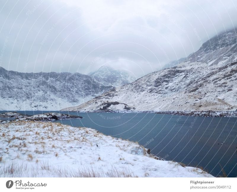 Llyn Llydaw at the foot of Mount Snowdon (Wales) in Winter Winter vacation Mountain Hiking Environment Nature Landscape Plant Elements Earth Water Clouds Ice