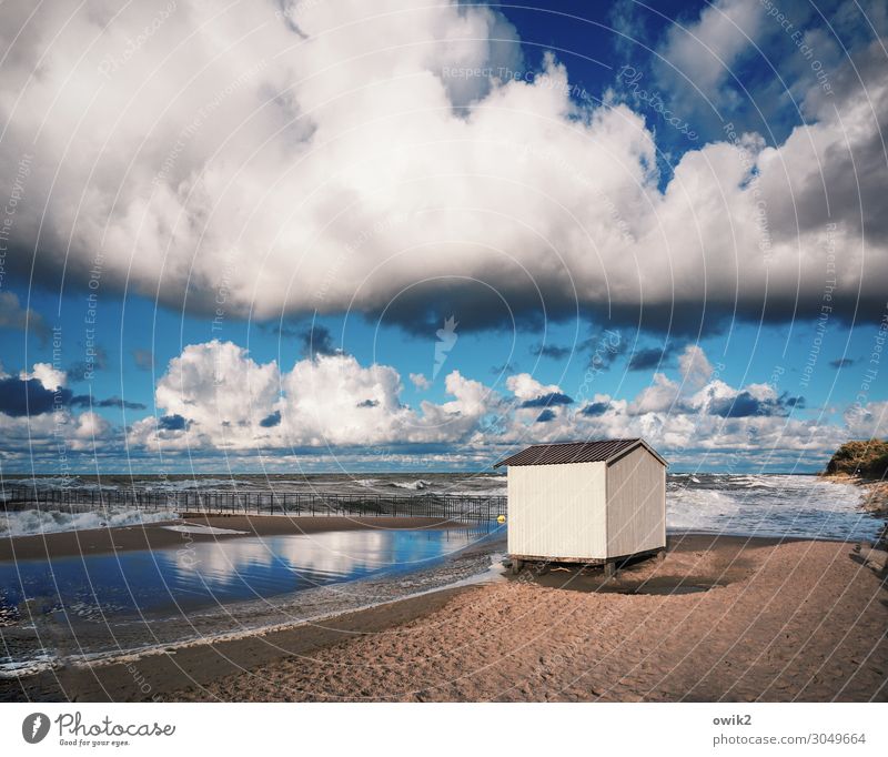 wet feet Environment Nature Landscape Sand Air Water Sky Clouds Horizon Beautiful weather Wind Waves Coast Baltic Sea Poland Hut Simple Blue White Serene Calm