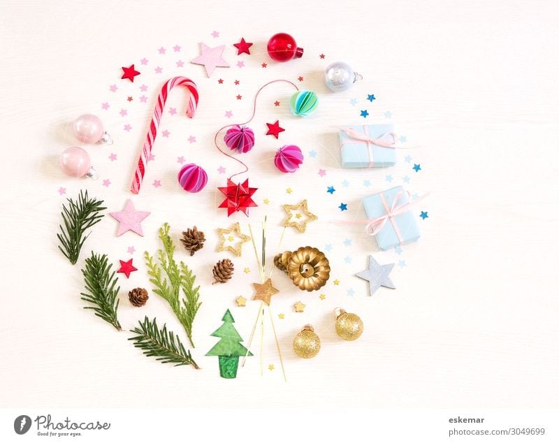 Christmas Flatlay Candy cane Decoration Feasts & Celebrations Christmas & Advent Round Green Pink White Christmas tree Card Still Life supervision flatlay