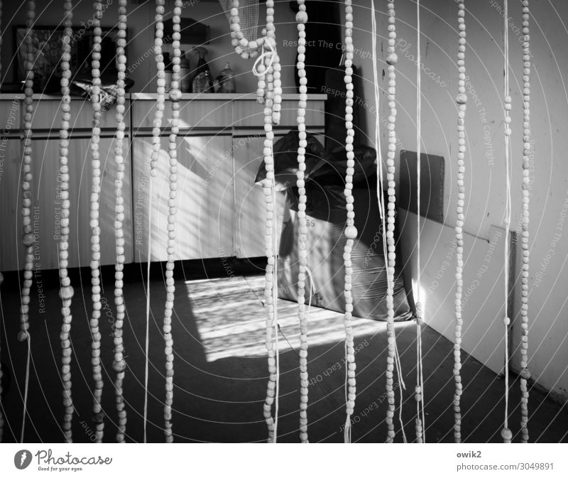 sod off Hut Drape String Pearl Pearl necklace Wooden bead Room Gardenhouse Cupboard Things Hang Dark Together Retro Many Calm Past Black & white photo