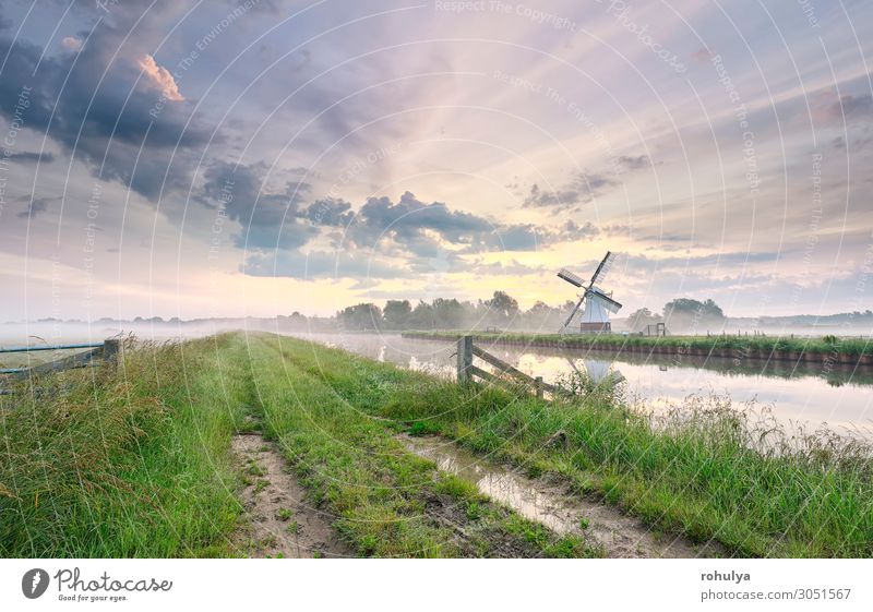 beautiful morning over charming windmill by river Beautiful Vacation & Travel Tourism Summer Culture Nature Landscape Sky Clouds Horizon Weather Fog River