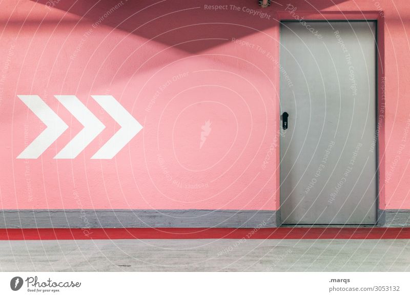 exit Wall (barrier) Wall (building) Door Arrow Gray Pink White Colour Way out Escape route Flee Colour photo Interior shot Deserted Copy Space top