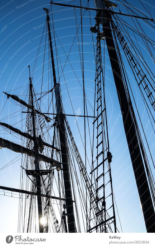 Silhouettes of the masts of a sailing ship Navigation Sailboat Sailing ship Maritime Blue Black Movement Freedom Leisure and hobbies Climate Vacation & Travel