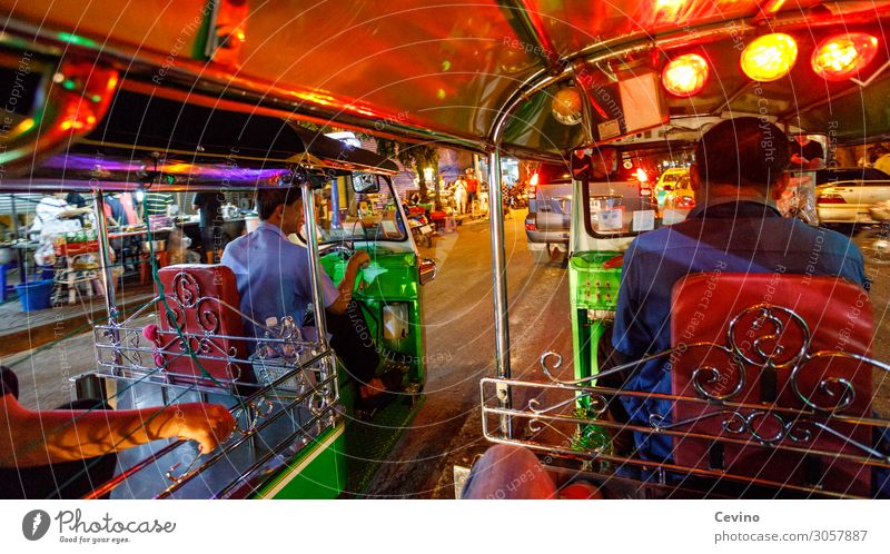 Tuk Tuk in Bangkok at night Took Took Autorickshaw Thailand Night life Driver motley Car journey Taxi Passenger Asia Capital city Tourism Sightseeing
