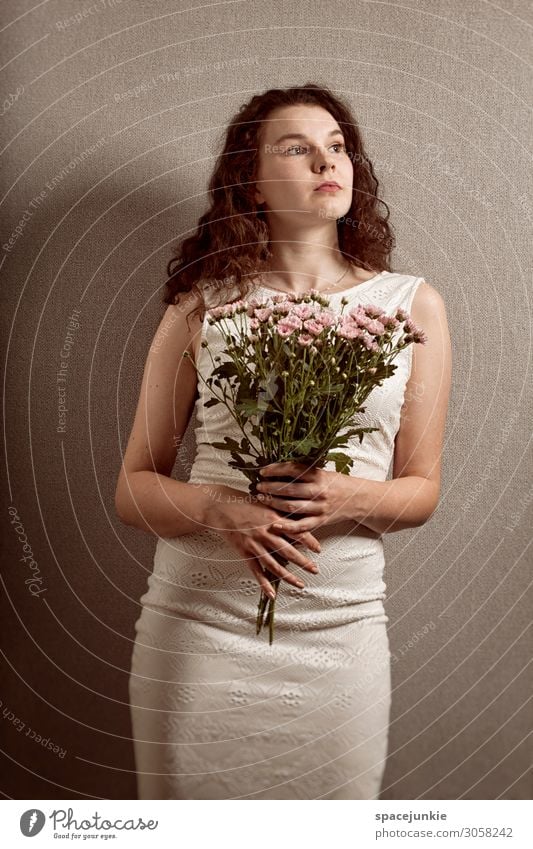 flowers Human being Feminine Young woman Youth (Young adults) 1 18 - 30 years Adults Fashion Dress Brunette Long-haired Elegant Gray Pink White Passion