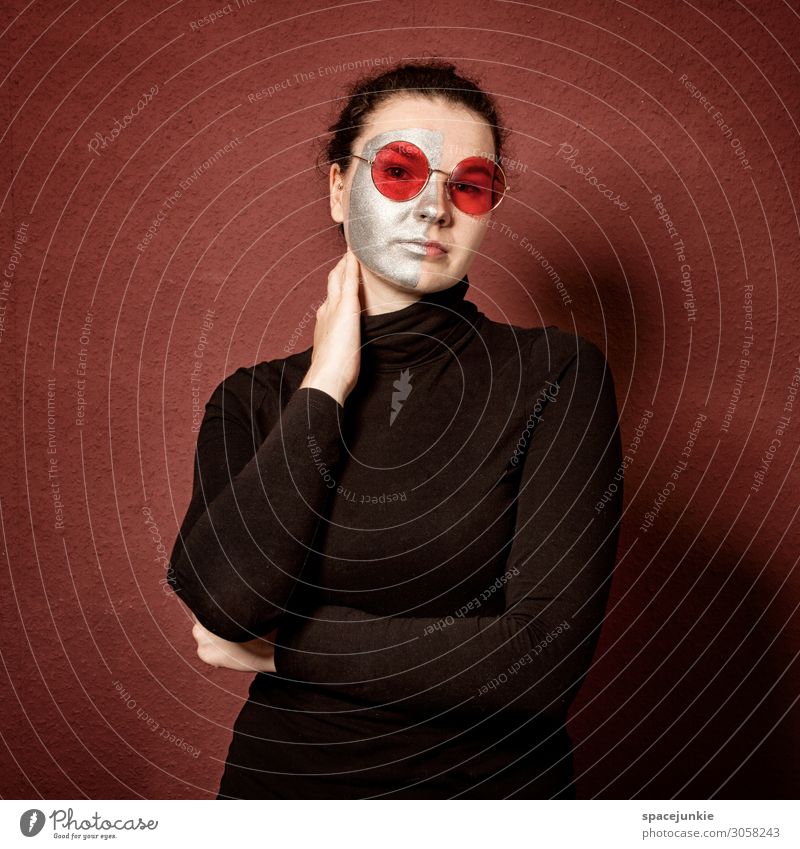 red Human being Feminine Young woman Youth (Young adults) 1 18 - 30 years Adults Art Clothing Accessory Eyeglasses Brunette Observe Touch Relaxation Looking