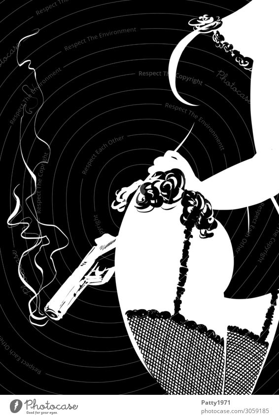 B/W illustration.femme fatale in lingerie and suspenders holds a gun in her hand from whose barrel smoke comes out Woman Handgun Suspender belt Cool (slang)