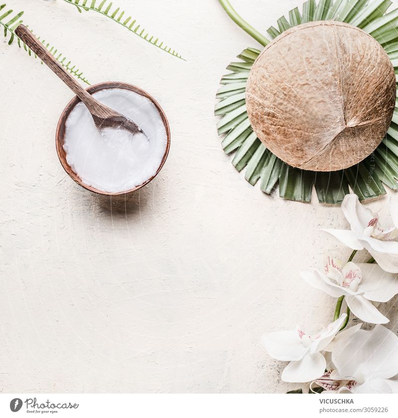 Coconut oil or butter in wooden bowl with spoon Vegetarian diet Style Design Beautiful Cosmetics Healthy Alternative medicine Healthy Eating Wellness Spa Table