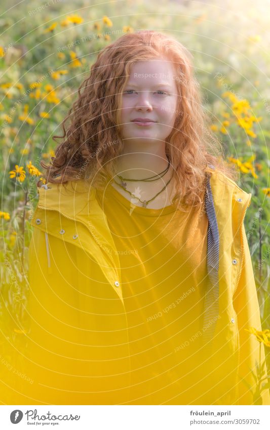 sunny yellow Summer Feminine Young woman Youth (Young adults) 1 Human being 18 - 30 years Adults Nature Plant Garden Red-haired Long-haired Curl Friendliness