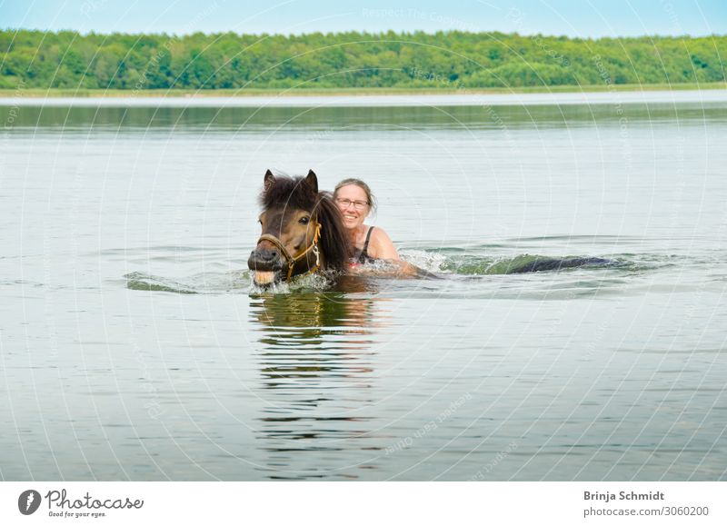 Seahorse passed! Joy Life Equestrian sports Woman Adults 1 Human being 45 - 60 years Landscape Water Summer Horse Animal Swimming & Bathing Laughter Authentic