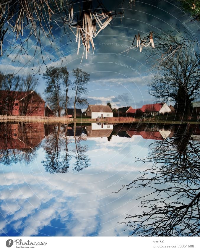 Country under Sky Clouds Horizon Tree Bushes Lakeside Pond village pond Teltow-Fläming district Germany Village House (Residential Structure) Window Door Roof