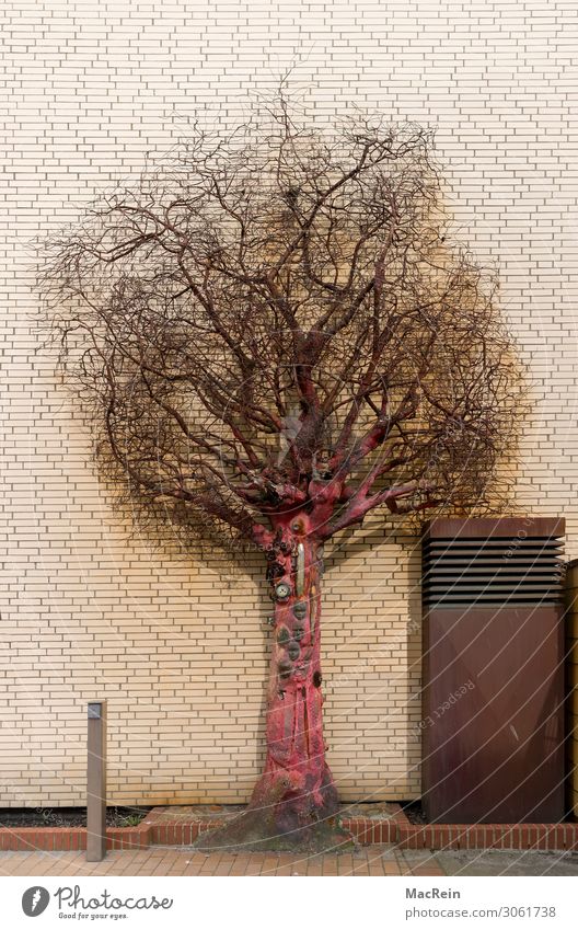 Scrap Emutions Art Work of art Sculpture Building Architecture Metal Rust Culture Modern Cladding Tree Branch Twigs and branches Deserted Red Colour photo