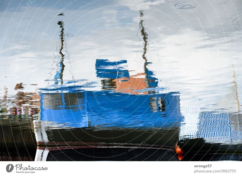 Ghost ship out of focus. Fishing boat Harbour Sell Maritime Blue Shopping Watercraft Motor barge Mirror image Drop anchor Fishmonger Wismar Blur Colour photo