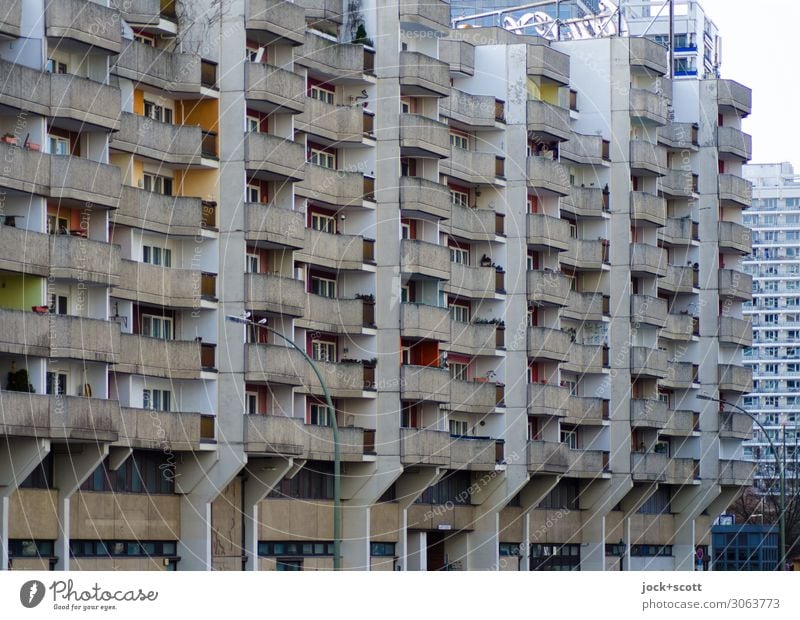 storage box GDR Environment Climate Downtown Architecture Town house (City: Block of flats) Tower block Facade Balcony Concrete Authentic Sharp-edged great