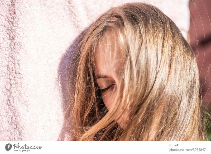 young girl sleeps Contentment Relaxation Calm Leisure and hobbies Vacation & Travel Girl Blonde Long-haired Sleep Dream Break youthful Doze rest Dreamily