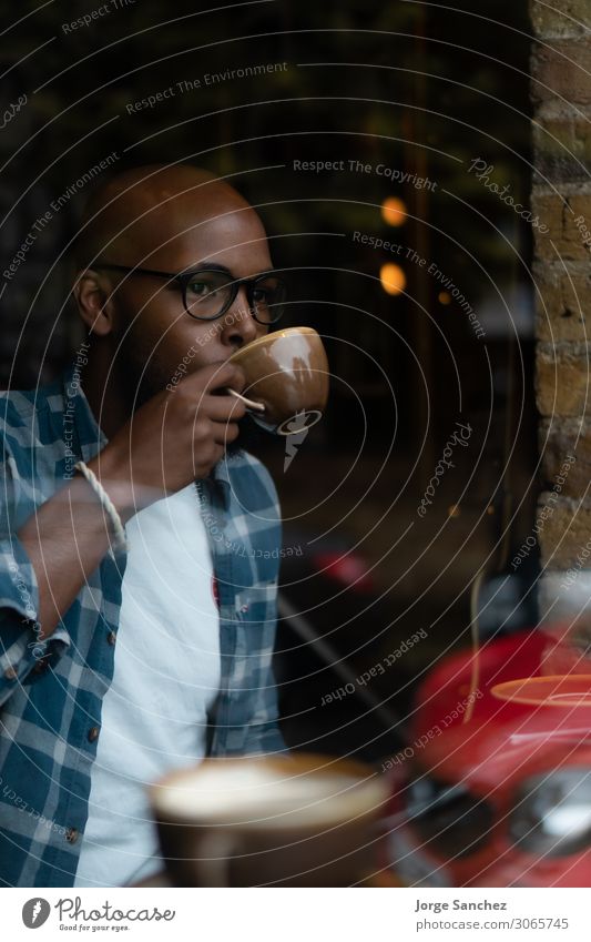 Guy drinking coffee at the coffee shop Breakfast To have a coffee Beverage Hot drink Hot Chocolate Coffee Latte macchiato Espresso Tea Mug Human being Masculine