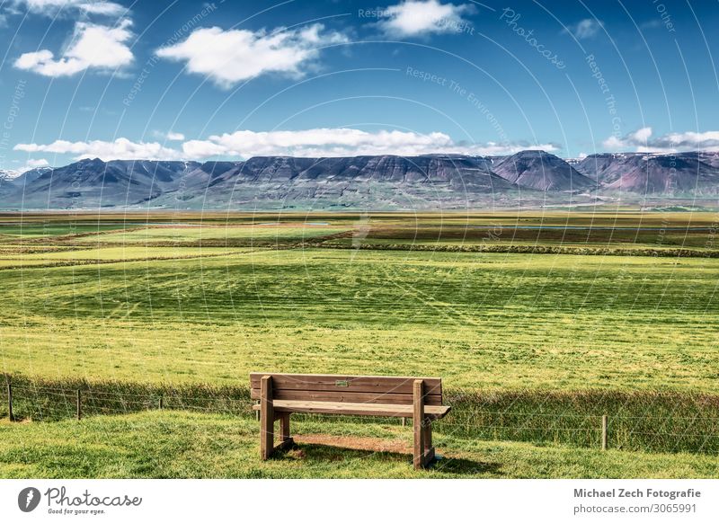 Lonely brown bench at glaumbaer on iceland Beautiful Relaxation Calm Vacation & Travel Sightseeing Mountain Hiking Environment Nature Landscape Park Meadow