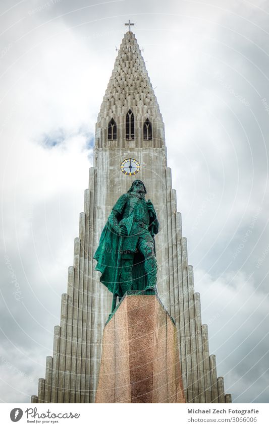 statue of Lief Erikson in front of Hallgrimskirkja in reykjavik Design Beautiful Vacation & Travel Tourism Summer Nature Landscape Sky Town Downtown Skyline