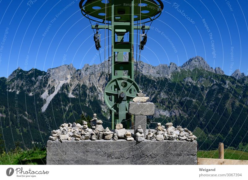 Stone staple beams Technology Alps Mountain Peak Cable car Ski lift Metal To enjoy Green Hiking Mountaineering Colour photo Exterior shot