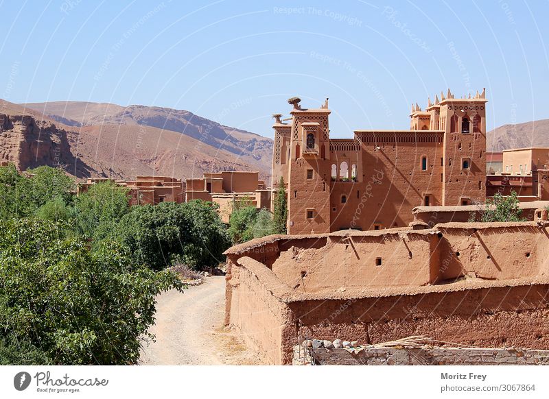 Castle-like house out of mud in Africa. Vacation & Travel Nature Hill Rock Mountain Canyon Desert Oasis Sharp-edged Simple Brown traditional primitive Moroccan