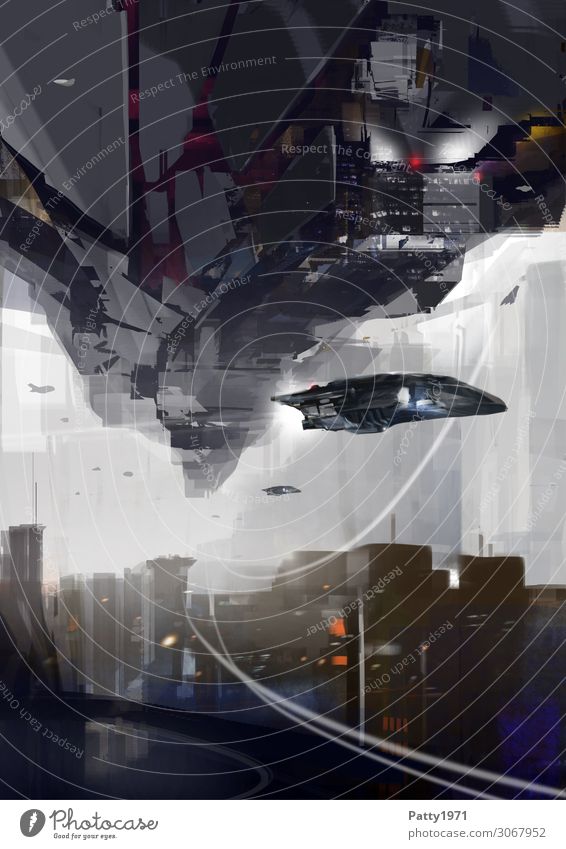 Spaceships glide through a futuristic, urban cityscape. Abstract science fiction illustration. Advancement Future High-tech Aviation Astronautics Skyline