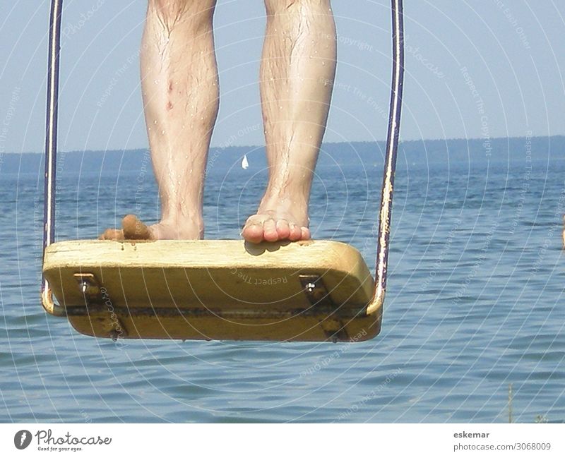 rock Joy Relaxation Leisure and hobbies Playing Vacation & Travel Trip Summer Summer vacation Human being Masculine Man Adults Legs Feet 1 Water Lake To swing