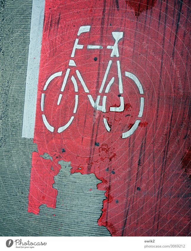 haggard Transport Traffic infrastructure Cycle path Bicycle Sign Under Town Red White Pictogram Abrasion Damage Floor covering Asphalt Tracks Dye Colour photo
