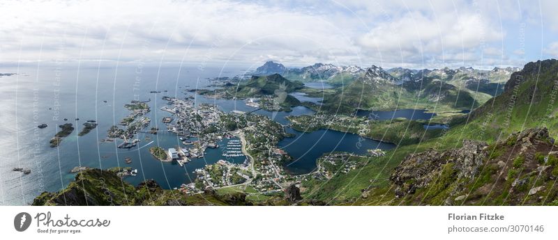 View from the Mountain Fløya to the city Svolvaer (Lofoten) Nature Landscape Clouds Summer Lofotes Mount Floya Peak Snowcapped peak Coast Lakeside Fjord Ocean