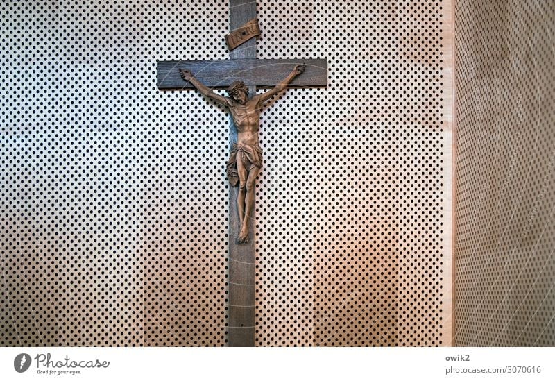 sign of life Christian cross Crucifix Jesus Christ Wooden wall Hang Old Glittering Hope Belief Humble Religion and faith Hollow Colour photo Interior shot