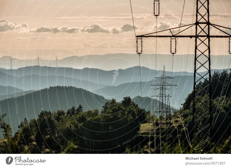 Electricity over the Black Forest Energy industry Wind energy plant Electricity pylon Environment Nature Landscape Complex Competition Colour photo